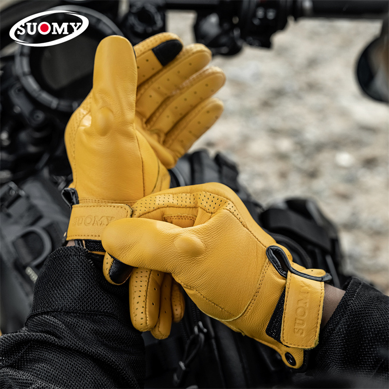 Motorcycle Gear Yellow - Не перфорированные желтые ретро-кожаные мотоперчатки для